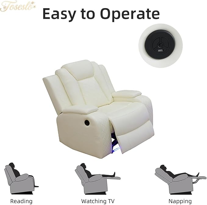 Toseslo Living Room Furniture Sets, Power Recliner Sofa Set with LED Light, Black Leather Sofa and 2 Chairs Set, Modern Power Reclining Sets with Storage Console for House,Creamy White