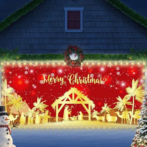 Christmas Garage Door Banner Decorations Red Jesus Christmas Garage Door Cover with LED Lights Large Holy Nativity Religio...