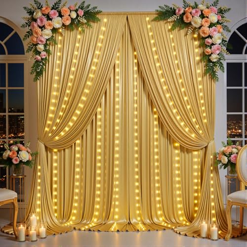 Outpain 10x10ft Gold Sequin Backdrop Curtains with Light -Lighted Up Gold Photo Backdrops with Non-Shedding Glitter, Wrink...