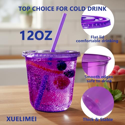 Xuelimei 12oz Disposable Stemless Glasses with Flat Lids and Straws,PET Disposable Drinking Cups,Clear Plastic Wine Glasse...