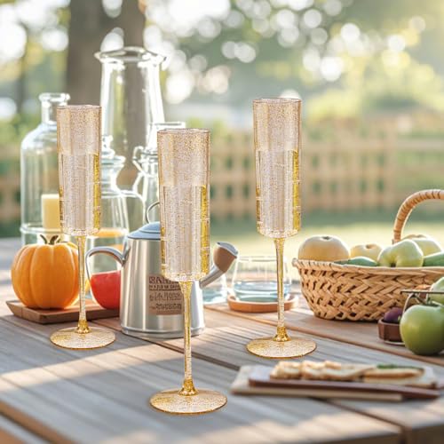 YOUBET 24 Pack Plastic Champagne Flutes - 6 Oz Gold Glitter Disposable Champagne Glasses - Square Plastic Wine Cups Weddin...
