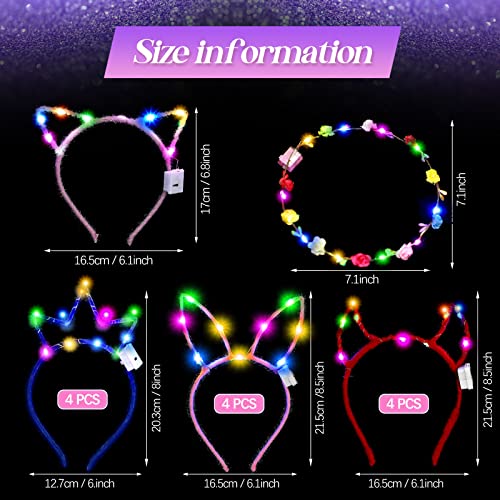 Xinnun 50 Pcs LED Cat Ear Headbands Bulk, Light up Flower Headband Glow Crown Rabbit Ear Head Accessories for Glow in the ...