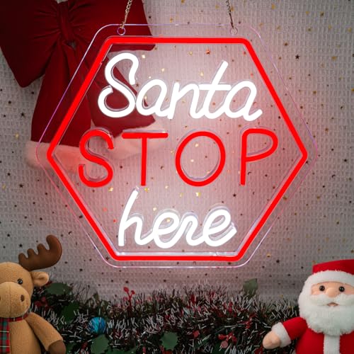 Santa Stop Here Neon Sign for Window Decor USB Powered Xmas Neon Wall Sign Festive Display Holiday Party Santa Stop Led Li...