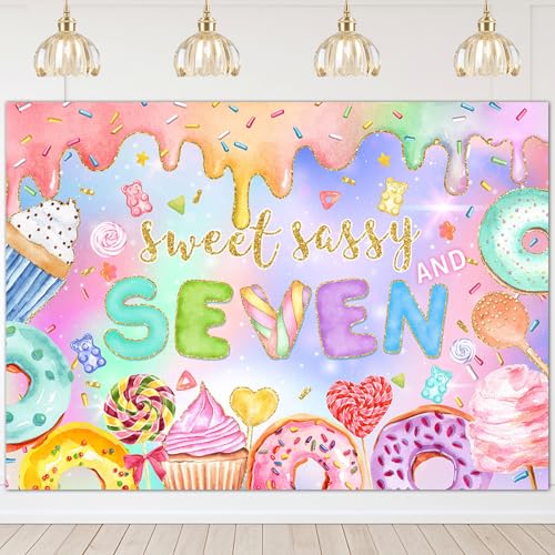 Mocsicka Sweet Sassy and Seven Birthday Backdrop Girls Sweet Candy Donut 7th Birthday Party Background Happy 7th Birthday ...