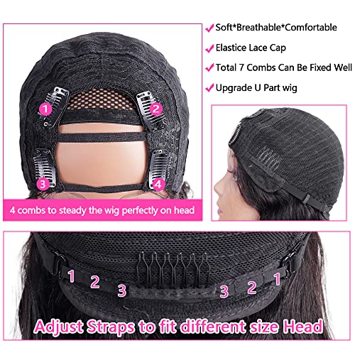 U Part Wigs Human Hair for Black Women Deep Wave Human Hair Brazilian Hair Full Head Clip in Half Wig V Part Glueless Wigs Human Hair Pre Plucked U Shape Wigs (Natural Black, 18 inch)