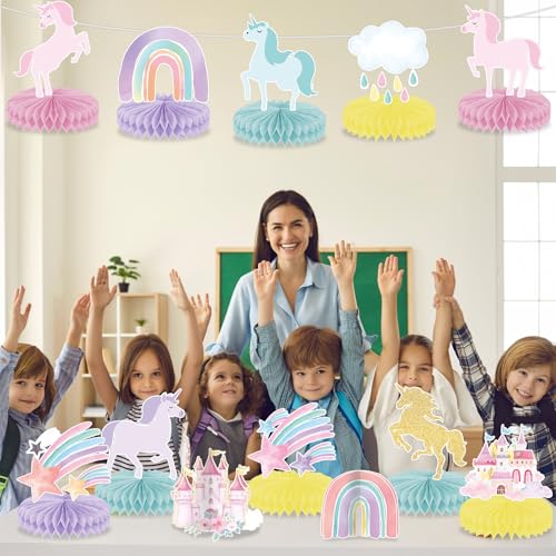 12Pcs Unicorn Rainbow Honeycomb Centerpieces Magical Pastel Unicorn Party Decoration Pastel Rainbow Castle Table Topper Ce...
