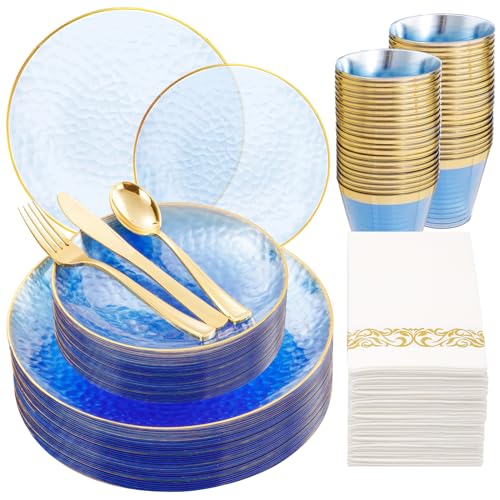 Rubtlamp 175 Pcs Plastic Dinnerware Set (25 Guests), Blue Disposable Plates With Gold Rim, Hammered Party Plates Set Inclu...