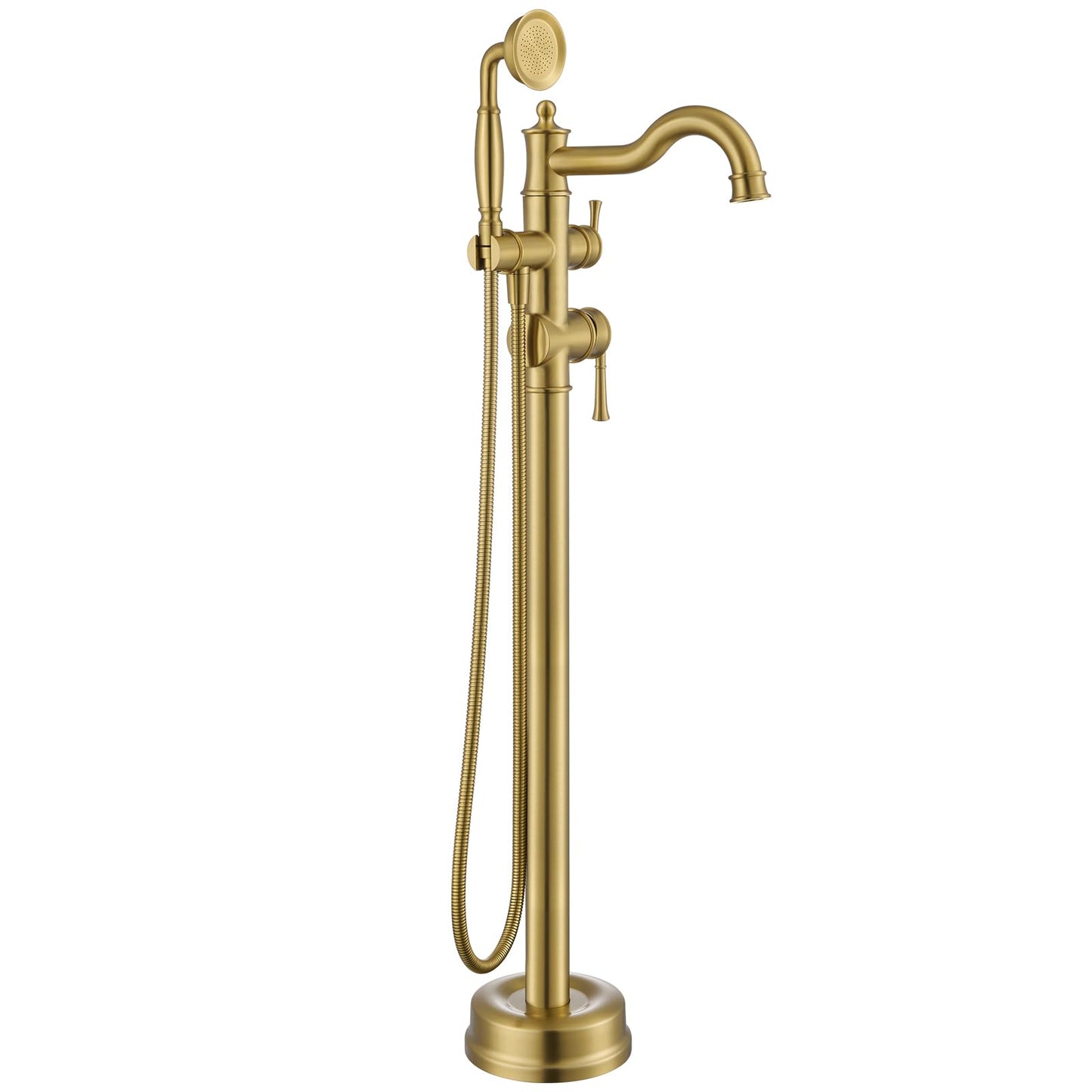 Free Standing Tub Faucet, Qinkell Classic Elegant Gooseneck Freestanding Bathtub Faucet with Sprayer Brass Luxury Floor Mount Bath Faucets High Flow Roman Tub Filler, Brushed Gold (QC-202511BG)