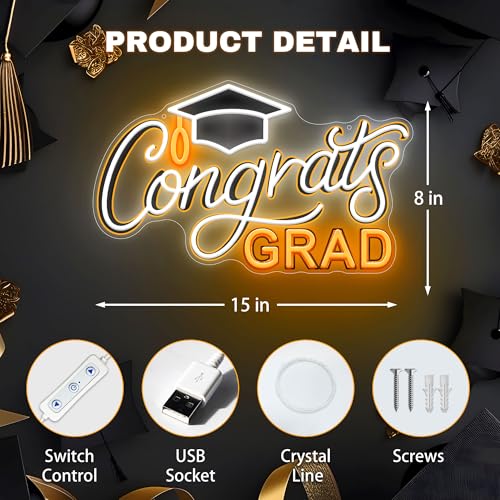 SELICOR Congrats Graduation Neon Sign with Cap - 15" x 8", Adjustable LED Light Up Sign for Prom Party, Photos, Class of 2...