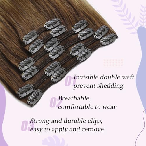 Sindra Clip in Hair Extensions Real Human Hair 18Inch Balayage Chocolate Brown Ombre Caramel Brown Hair Extensions Real Human Hair Clip ins Remy Straight For Woman 120G 6Pcs(clip#4/27/4 18inch)