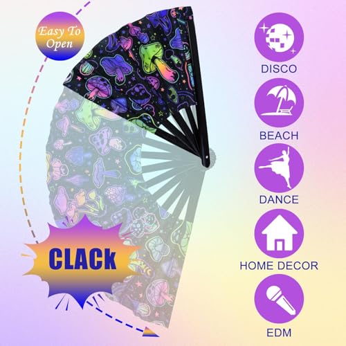 FEFURS 2PCS UV Glow Rave Fan,13in Large Folding Hand Rave Fan with 2 Rave Fan Thigh Holsters,Clack Fan for Line Dancing,Mu...