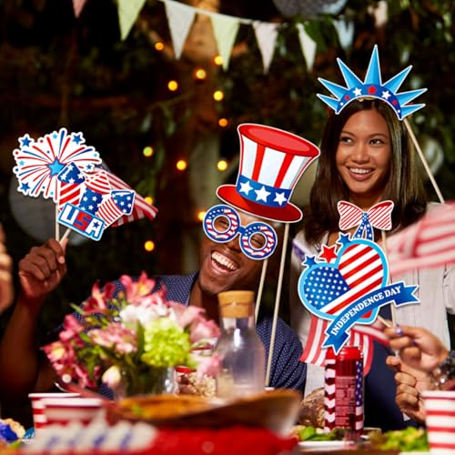 Independence Day Photo Booth Props with Sticks,4th of July Photo Booth Props,Patriotic Party Decorations (25CT)