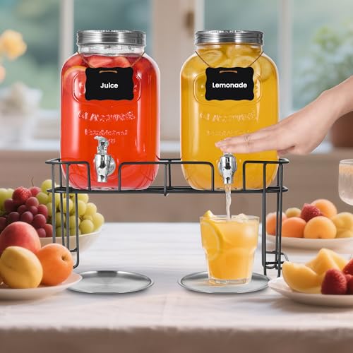 2 Pack1 Gallon Glass Drink Dispensers For Parties .Beverage Dispenser,Glass Drink Dispenser With Stand And Spigot (Plastic...