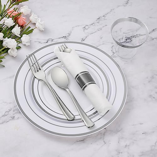 Goodluck 350 Piece Silver Plastic Dinnerware Set for 50 Guests, Fancy Disposable Plates for Party, Include: 50 Dinner Plat...