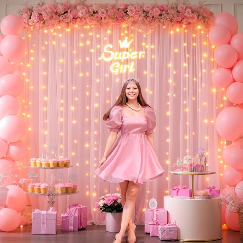 10x10FT Pink Wrinkle Free Backdrop Curtains with Lights String for Parties - Photo Curtain Backdrop with Lights for Weddin...