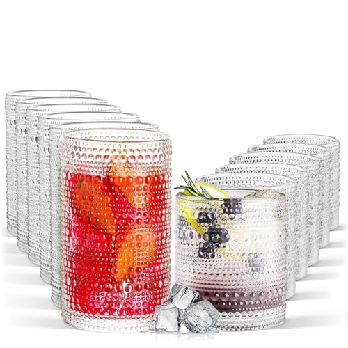 FULGNU Hobnail Drinking Glasses Set of 12, 11.8 oz Vintage Glasses Drinking Set & 10 oz Cocktail Glasses Set, Embossed Gla...