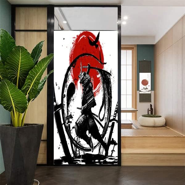 Japanese Samurai Decorative Window Film Watercolor Ink Samurai Sword Red Sun Printdining Room Window Film,Dorm Room Glass Film 35.4Wx78.7L-Inch X1Pcs