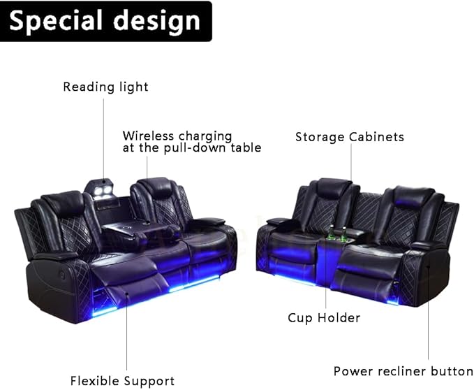 A Ainehome Luxury Furniture Sets Power Recliner Sofa Set Recliner Leather Sofas Loveseat Chair for Living Room Furniture/Small Space/Rv/House/Office/Theater Seating (F-Black,Sofa+Loveseat)