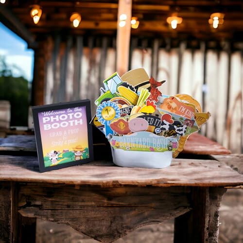 Farm Animal Photo Booth Props - 41-pc Photo Booth Kit with 8 x 10-Inch Sign, 60 Adhesive Pads, 45 Sticks - Cowboy and Farm...