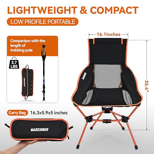 MARCHWAY Lightweight Folding High Back Camping Chair with Head Support, Stable Portable Compact for Outdoor Camp, Travel, ...
