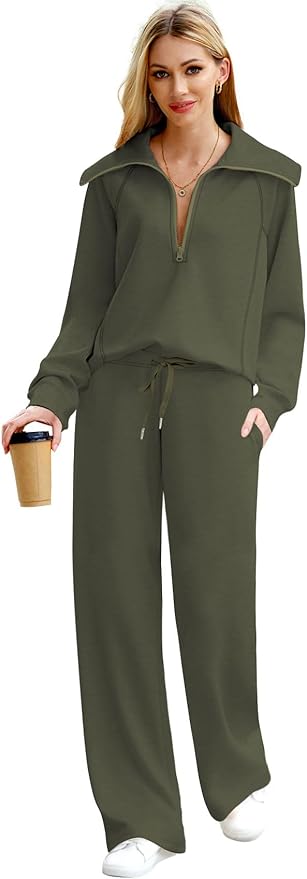 XIEERDUO Lounge Sets For Women 2025 Half Zip Sweatshirt And Wide Leg Sweatpant 2 Piece Outfits Sweatsuit Tracksuit