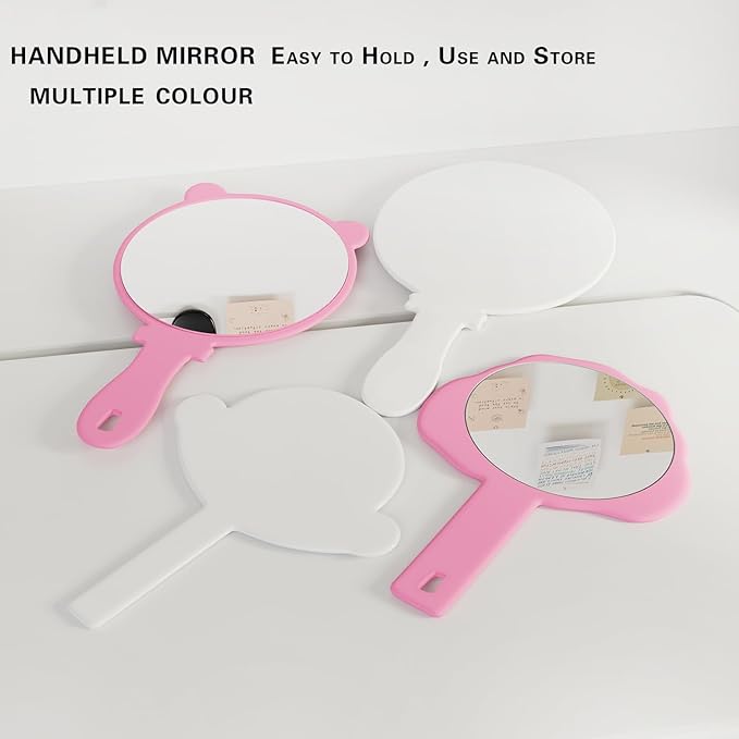Compact Hand Mirror 2 Pcs – High-Definition Glass, Men or Women Salon Hairdressing Barber Hand Mirrors with Handle, Mini Mirror for Purse, Travel and Present (Pink, 5.91" L x 9.84" W (Cat Ears))