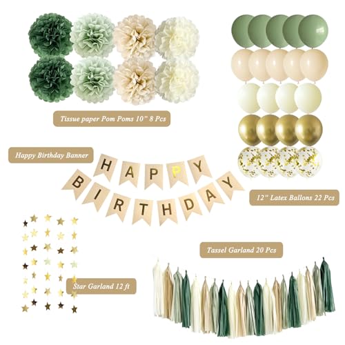ANSOMO Sage Green Happy Birthday Party Decorations Retro Green Nude Ivory Dark Olive Kraft Paper Banner Balloons Neutral R...