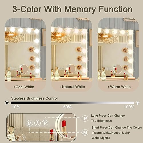 Hollywood Vanity Mirror with Lights, 15 Dimmable Bulbs, 3 Color Lights,Make Up Lighted Mirror, Aluminum Metal Frame, USB Charging Port£¨23" x 18"£©