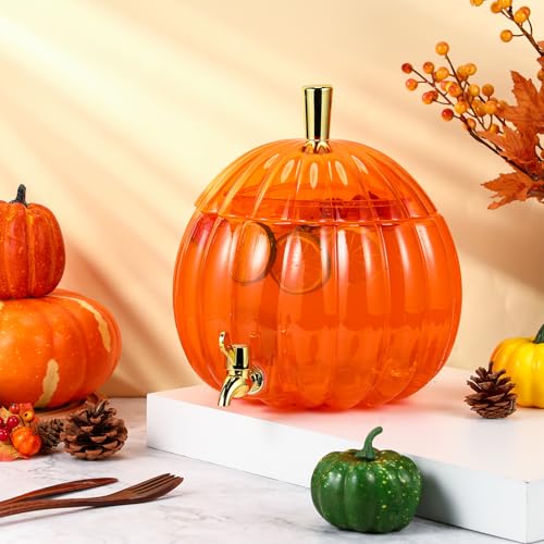Potchen 1.3 Gallon Pumpkin Plastic Drink Dispenser Thanksgiving Orange Drink Dispenser Fall Harvest Kitchen Decoration Bev...