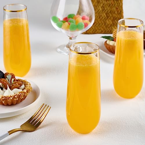 FOCUSLINE 24 Pack 9 Oz Plastic Stemless Gold Rim Champagne Flutes, Heavy Duty, Shatterproof, Disposable & Reusable Crystal...