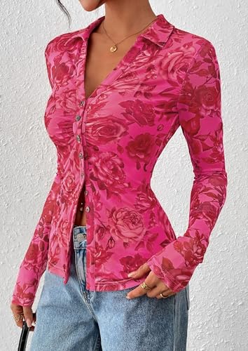 PRETTYGARDEN Women Button Down Floral Shirts 2026 Fall Trendy Long Sleeve V Neck Mesh Boho Blouse Spring Tops Date Outfits