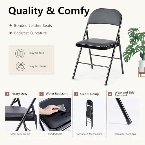 DUMOS 2 Pack Leather Padded Folding Chair, Indoor Outdoor Portable Stackable Commercial Seat with Steel Frame, Capacity fo...