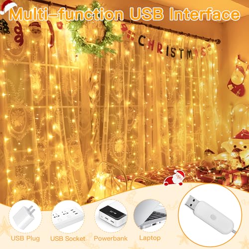 Ollny Curtain Lights 6.6x6.6ft, 200 LED String Lights with Remote 8 Modes Dimmable Timer, USB Power Fairy Light for Bedroo...