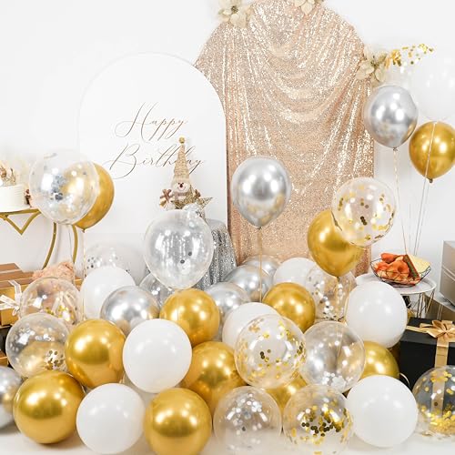 Paready Gold and Silver Latex Balloons, 60 Pcs 12 Inch Metallic Gold Silver and White Confetti Balloons for Birthday Baby ...