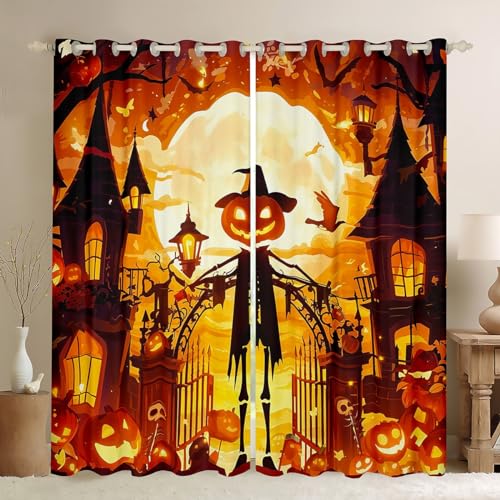 Trippy Moon Starry Sky Window Curtain,Sugar Skull Bat Ghost Curtains Halloween Theme Window Treatment Curtain Kids Boys Teens Room Decor,Pumpkin Lantern Gothic Style Window Drapes,2 Panels,38Wx54L