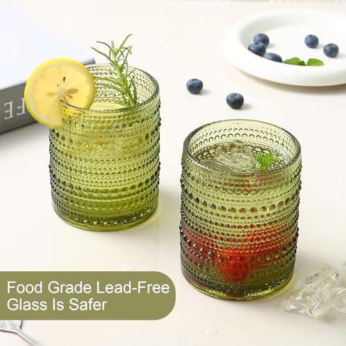 ZMOWIPDL Vintage Glassware Drinking Glasses Set of 6,12 oz Hobnail Glass Cups,Embossed Green Water Tumbler,for Beer,Cockta...
