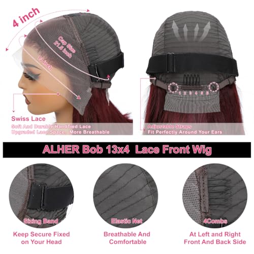 ALHER Short Bob Wig 99J Dark Burgundy, 12A Straight Small Cap 13x4 Lace Frontal Wigs Human Hair Pre Plucked With Baby Hair, Small Cap Wig Size 21-21.5 180% Density for Black Women 10 Inch