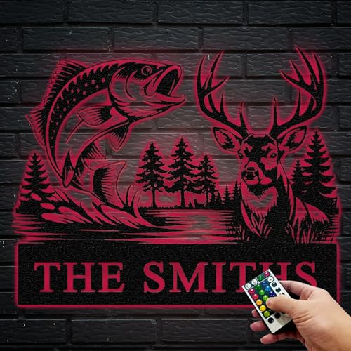Personalized Deer Hunting & Fishing Metal Sign, Custom Hunter & Fisherman Wall Art Decor - Cabin Wall Decor, Hunter Family...