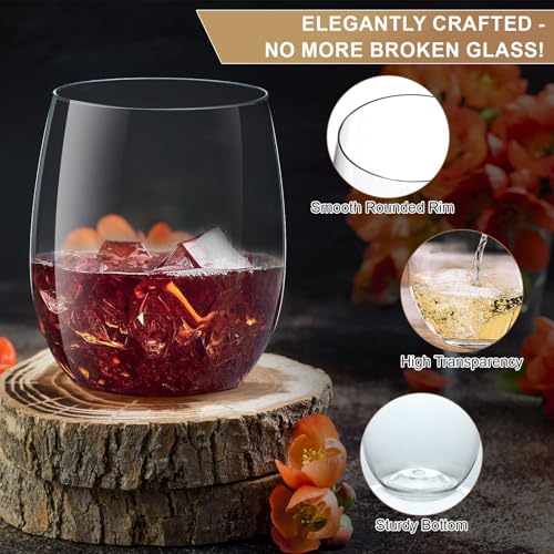 OTOB 40 Pack Reusable Stemless Plastic Wine Glasses, 12 OZ Unbreakable Champagne Whiskey Glass, Round Clear Disposable Coc...