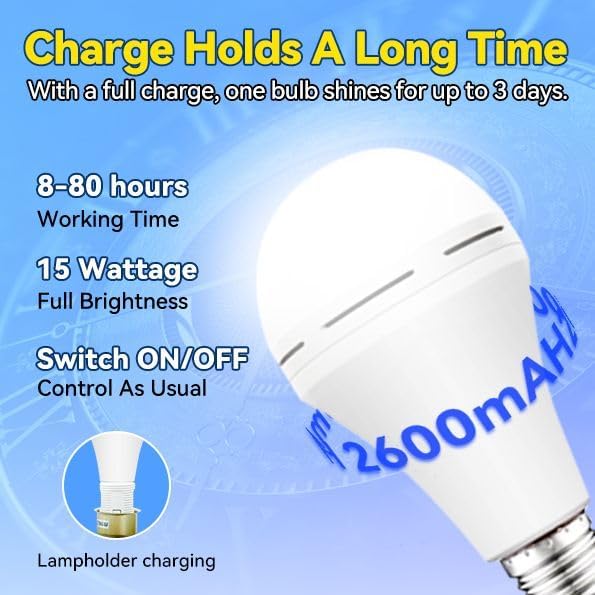 Neporal LITE PRO Battery Backup Light Bulbs, 2600mAh Rechargeable Light Bulbs, Perfect As Emergency Lights for Home Power Failure, Hurricane Prepareness Item, E26/E27