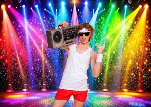LTLYH 7x5ft Fabric Disco Rainbow Stage 70s 80s 90s Backdrop Vintage Lights Photography Background Rock Music Club Neon Glo...