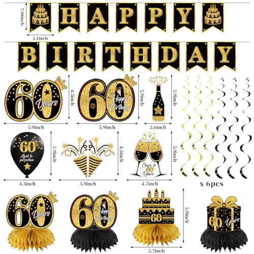 Eucutur 42PCS 60th Birthday Decoration Kit for Men Women, Black Gold Happy 60th Bday Banner Balloons Honeycomb Centerpiece...