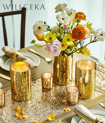 Willceka Gold Cylinder Vases for Centerpieces, Modern Glass Vase Set of 12 Decorative Hurricane Candle Holder for Pillar C...