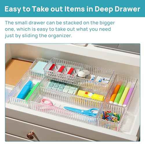 Vtopmart 7 PCS Clear Drawer Organizers Bins, 4-Size Stackable Makeup and Vanity Drawer Organizer Trays, Acrylic Bathroom Drawer Storage Containers for Cosmetic, Office Supply, Kitchen Utensils Gadgets