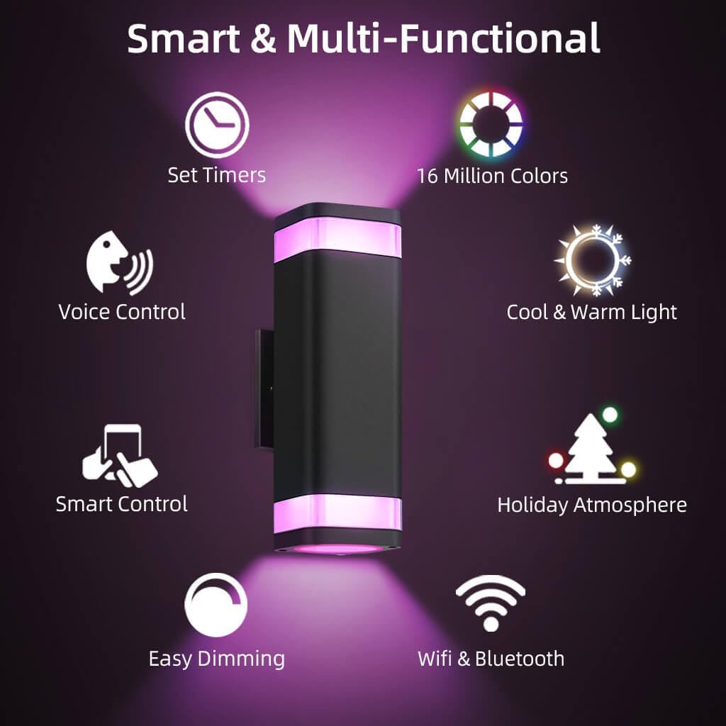 SHIMR Smart RGB Outdoor Wall Lights 2 Pack, WiFi App Control Color Changing Up Down Exterior Sconce with Dusk to Dawn Sensor, Waterproof LED Wall Mount Light Fixture, Compatible with Alexa & Google