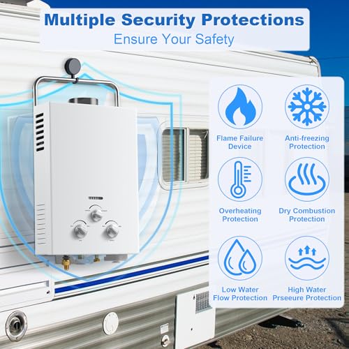 Outdoor Propane Tankless Water Heater - 6L 1.58 GPM Portable Gas Water Heater with Handle & Overheating Protection, Instan...