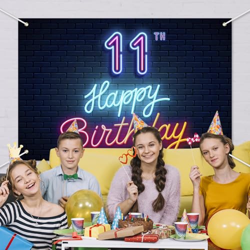 Neon Happy 11th Birthday Backdrop Banner Cool Glow Neon Theme Background Decor for Boys Girls Birthday Party Let’s Glow Pa...