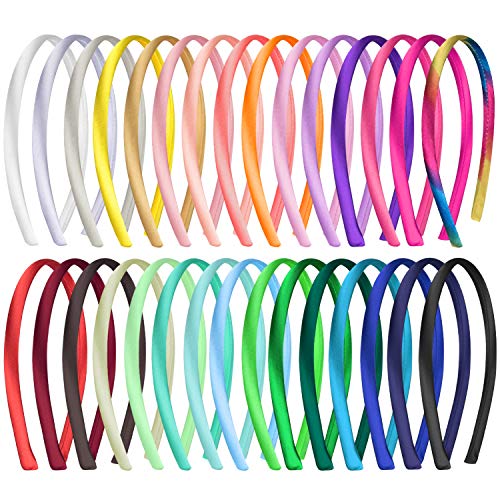 Duufin 30 Pieces Satin Headbands for Girls DIY Craft Headband 1cm Plain Girls Headband Colorful Satin Coverd Headbands, 30...