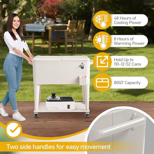 80 Quart Rolling Ice Chest,Portable Bar Drink Cooler,Camping BBQ Ice Chest Cart,Modern Beverage Cooler Cart,with Catch Bas...