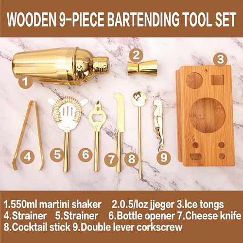 JNWINOG 9Pcs-Cocktail Shaker Set Bartending Kit Cocktail Bar Set Cocktail Mix Drink Making Kit Professional Bar and Home D...